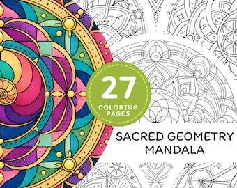 Disegni di geometria sacra da colorare stampabili, libro da colorare di mandala per adulti, arte spirituale in formato PDF e PNG, download immediato.