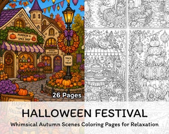 Accoglienti pagine da colorare di Halloween stampabili, libro da colorare stravagante per feste autunnali per adulti, relax, download digitale