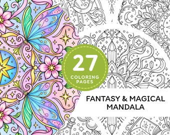 魔法のマンダラ塗り絵ページ（印刷可能）、大人のためのファンタジーマンダラ塗り絵、リラクゼーションPDFデジタルダウンロード