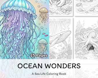 Pagine da colorare stampabili con animali dell'oceano, libro da colorare sulla vita marina per bambini e adulti