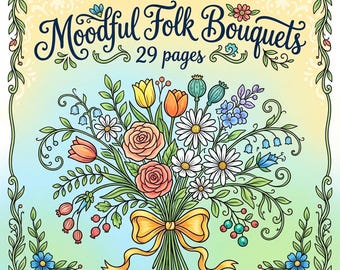 Disegni da colorare di bouquet folk suggestivi, libro da colorare floreale stampabile in PDF, fogli da colorare di bouquet di fiori per adulti, download immediato.