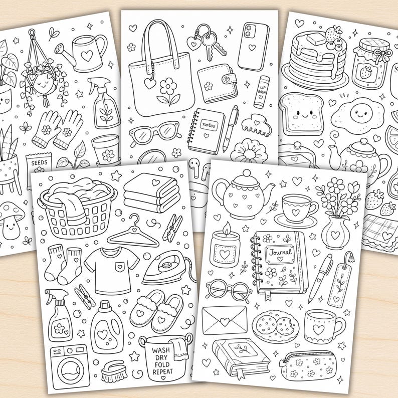 Puede incluir: Cinco hojas de colorear en blanco y negro con ilustraciones estilo garabato que incluyen art&iacute;culos del hogar, ropa, comida, plantas y papeler&iacute;a. Cada p&aacute;gina contiene varios dibujos peque&ntilde;os y distintos con motivos de corazones.