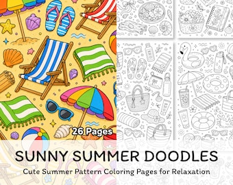 Disegni estivi da colorare stampabili, simpatico libro da colorare con motivi estivi per adulti e bambini, relax, download digitale in PDF