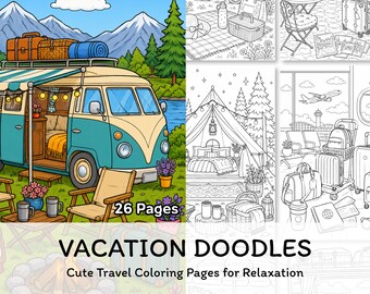 Vacation Doodles Coloring Pages Printable, Cute Travel Coloring Book for Adults, Summer Trip PDF Digital Download