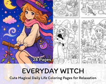 Disegni da colorare di streghe per tutti i giorni, simpatici e accoglienti scarabocchi di streghe, libro da colorare magico per adulti sulla vita quotidiana in formato PDF da scaricare.