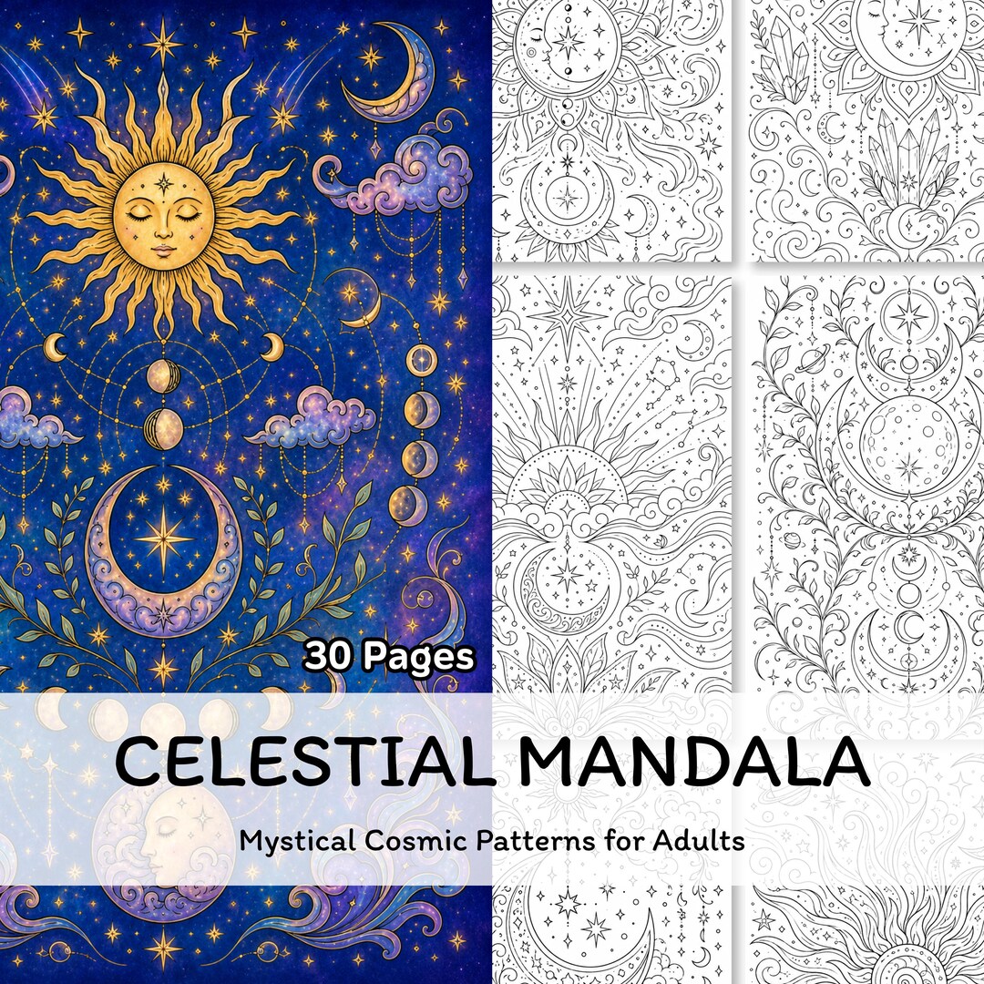 Celestial Mandala Coloring Pages for Adults, Cosmic Moon & Sun ...