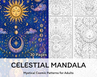 Himmlisches Mandala zum Ausmalen, Kosmischer Mond & Sonne Buch zum Ausdrucken, Mystische Weltraum Kunst PDF-Download