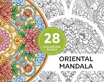 Oriental Mandala Coloring Pages, Asian Floral Mandala Printable PDF, Adult Relaxation Coloring Book Instant Download