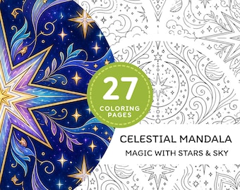 Disegni da colorare di mandala celesti stampabili, libro da colorare di spazio e stelle per adulti, download digitale in PDF di luna e galassia.