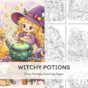 May include: A coloring book titled Witchy Potions Cozy Fantasy Coloring Pages with 25 pages. The cover features a blonde character in a purple hat stirring a green potion in a cauldron, surrounded by star-shaped accents and glass bottles.