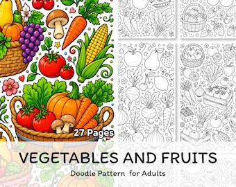 Disegni da colorare di frutta e verdura per adulti, libro da colorare di cibo stampabile, modelli digitali di frutta e verdura