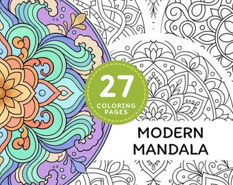 Pagine da colorare di mandala moderni per adulti in formato PDF stampabile, libro da colorare di mandala geometrici in formato digitale per il relax.