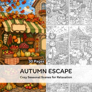 May include: A colouring book titled Autumn Escape featuring 30 pages of seasonal scenes. The cover displays a colourful illustration of a produce stand with pumpkins, apples, and autumn leaves, alongside black and white line art pages.