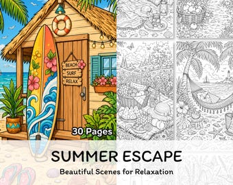Disegni da colorare estivi stampabili, scene di vacanza al mare e in giardino, libro da colorare per adulti, download digitale PDF rilassante.
