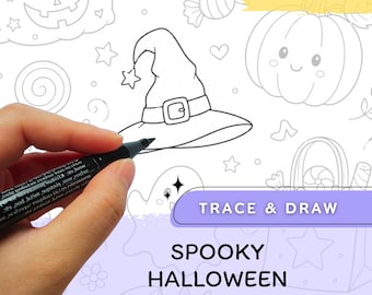 Gruselige Halloween Zeichnungen, Kinder Arbeitsblätter zum Nachzeichnen und Zeichnen (PDF Download)