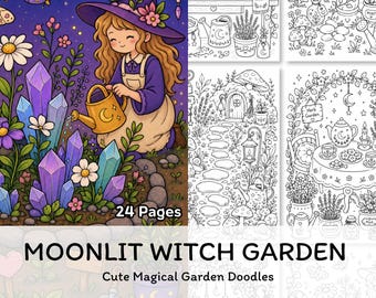 Pagine da colorare del giardino delle streghe stampabili, grazioso libro da colorare con scarabocchi di un giardino magico per adulti, relax, download digitale
