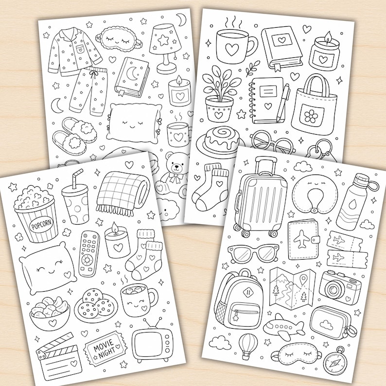 Puede incluir: Tres p&aacute;ginas para colorear en blanco y negro con ilustraciones estilo garabato. Los dise&ntilde;os incluyen pijamas, libros, velas, un oso de peluche, palomitas de ma&iacute;z, un televisor, una maleta, una mochila, una c&aacute;mara, un mapa y varios art&iacute;culos de viaje y hogar.