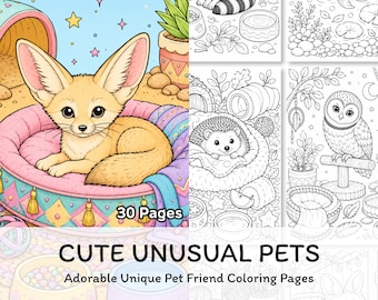 Disegni da colorare di simpatici animali domestici insoliti, stampabili, accogliente libro da colorare di animali per bambini e adulti, amici animali in formato PDF e PNG, download immediato.