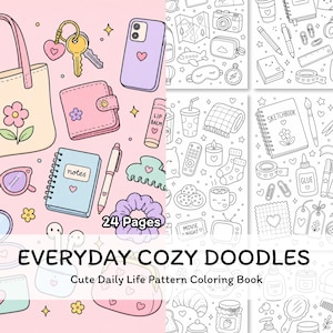 Peut inclure: Un livre de coloriage intitulé EVERYDAY COZY DOODLES Cute Daily Life Pattern Coloring Book avec 24 pages. La couverture présente un fond rose avec des illustrations colorées d'un sac fourre-tout, de clés, d'un portefeuille, d'un téléphone et d'accessoires.