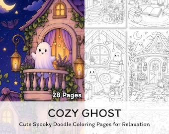 Cozy Ghost House Coloring Pages Printable, Cute Halloween Ghost Coloring Book, Spooky Fall PDF Instant Download