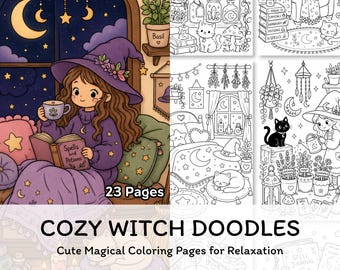 Pagine da colorare di streghe accoglienti da stampare, simpatici scarabocchi di streghe da colorare per adulti, gatto magico di Halloween da scaricare digitalmente