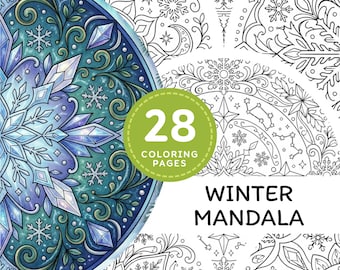 Disegni da colorare di mandala invernali per adulti, libro da colorare stampabile con fiocchi di neve, accogliente download digitale in PDF a tema natalizio.