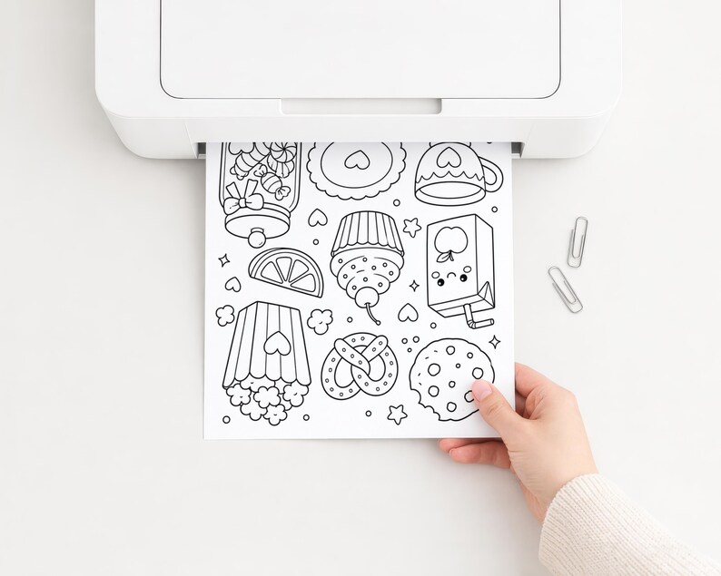 Puede incluir: Una impresora blanca que dispensa una p&aacute;gina para colorear en blanco y negro con ilustraciones de l&iacute;neas de un tarro de dulces, un cupcake, un cart&oacute;n de jugo, un pretzel, una galleta, un recipiente de palomitas y una rodaja de c&iacute;trico.