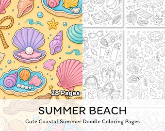 Disegni da colorare di spiagge estive stampabili, simpatico libro da colorare a tema costiero per adulti e ragazzi, relax, download PDF PNG