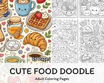 Disegni di cibo carini da colorare in formato PDF stampabile, libro da colorare di cibo kawaii per adulti, pacchetto digitale accogliente da scaricare.