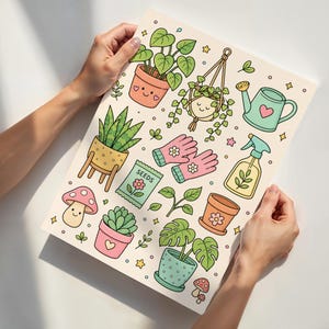 Puede incluir: Una l&aacute;mina rectangular que presenta una colecci&oacute;n de ilustraciones de jardiner&iacute;a de estilo caricatura, incluyendo plantas en macetas, una maceta colgante, una regadera, guantes rosas, un paquete de semillas con la etiqueta SEEDS, un pulverizador y setas.