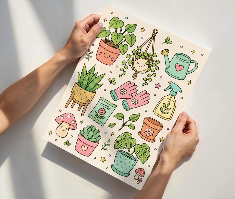 Puede incluir: Una l&aacute;mina rectangular que presenta una colecci&oacute;n de ilustraciones de jardiner&iacute;a de estilo caricatura, incluyendo plantas en macetas, una maceta colgante, una regadera, guantes rosas, un paquete de semillas con la etiqueta SEEDS, un pulverizador y setas.