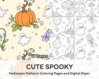 Pagine da colorare con motivi di Halloween stampabili, carta digitale spettrale e carina, motivi doodle senza soluzione di continuità in formato PDF e PNG, download immediato.