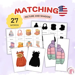 Könnte beinhalten: Ein Lernspiel zum Zuordnen mit winterlichen Illustrationen. Das Spiel enthält Karten mit Bildern und Schatten von Gegenständen wie Mützen, Ohrenschützern, Stiefeln und Jacken. Der Text "MATCHING PICTURE AND SHADOW" ist oben abgebildet.