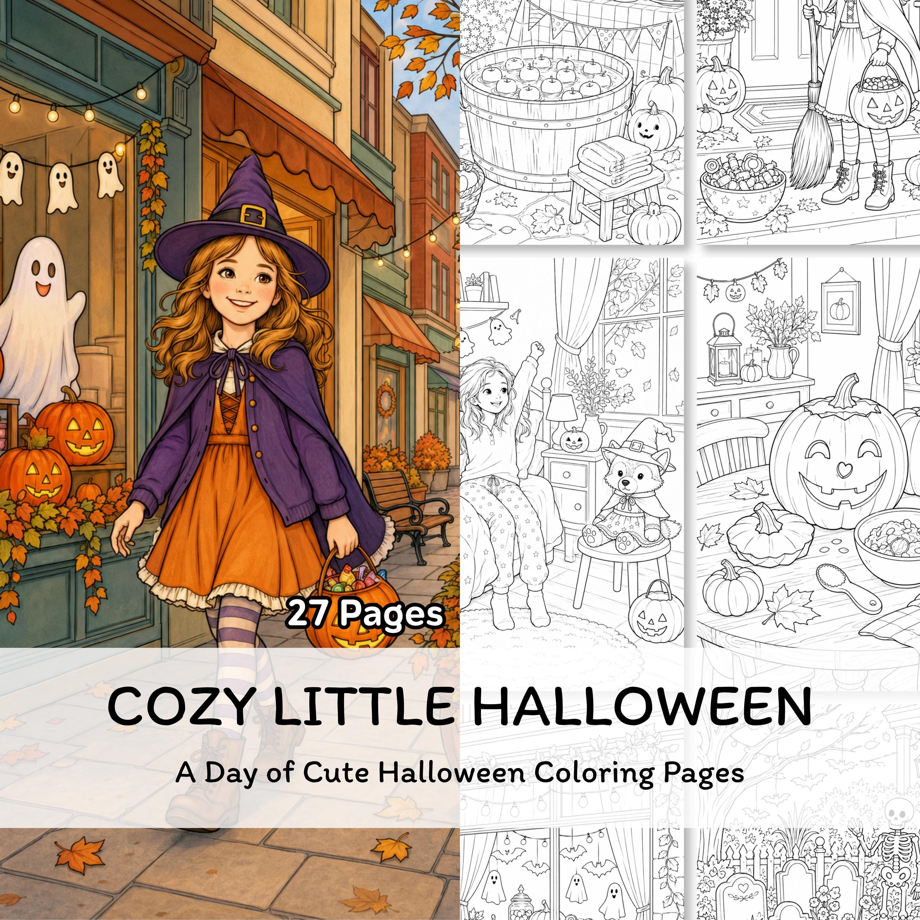Cozy Halloween scenes for kids to color
