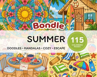 Pacchetto di pagine da colorare estive, libro da colorare stampabile con mandala estivi per adulti e bambini, per il relax, download digitale.