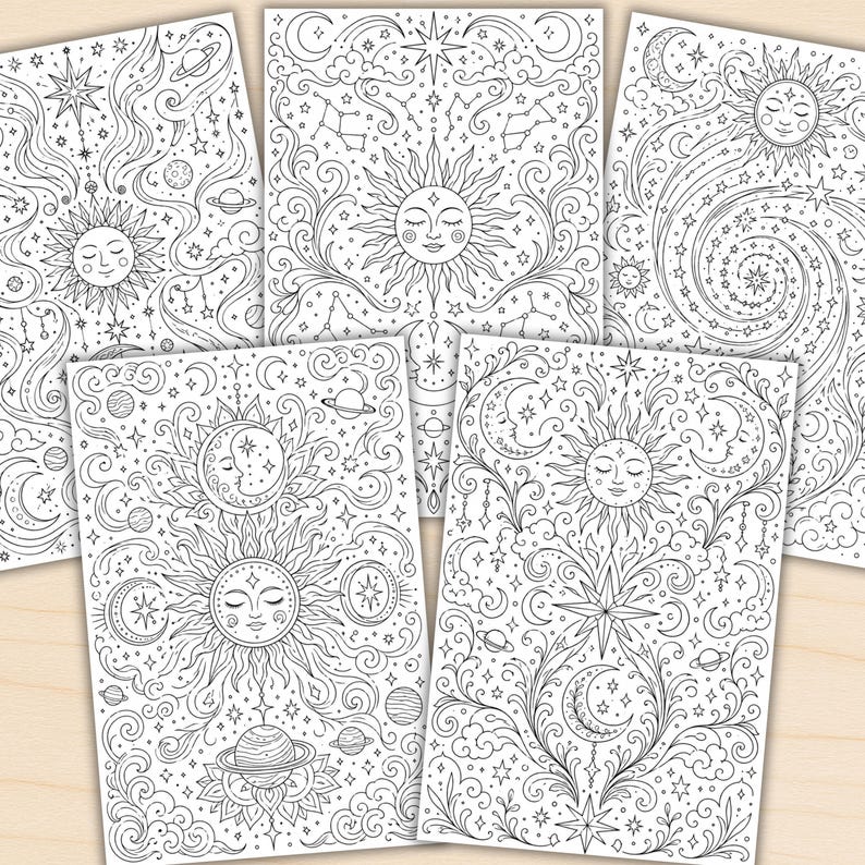 Celestial Mandala Coloring Pages for Adults, Cosmic Moon & Sun ...