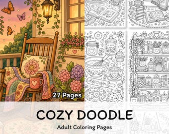 Pagine da colorare accoglienti e divertenti per adulti, un grazioso libro da colorare stampabile in stile Hygge per la casa, download digitale PDF rilassante.