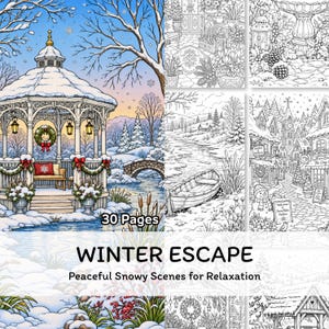 Puede incluir: Un libro para colorear titulado WINTER ESCAPE Peaceful Snowy Scenes for Relaxation con 30 Pages. La portada presenta una ilustración colorida de un cenador nevado junto a un estanque helado, junto a dibujos en blanco y negro.