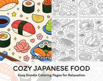 Disegni da colorare di cibo giapponese stampabili, simpatici scarabocchi di cibo, libro da colorare di sushi facile da scaricare in formato digitale