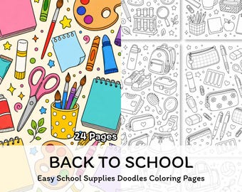 Back to School Coloring Pages Printable, School Supplies Doodle Coloring Book for Kids, Classroom Activity PDF Download