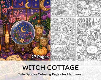 Pagine da colorare di un'accogliente casetta da strega, stampabili, un simpatico e spettrale libro da colorare di Halloween per adulti, per il relax, download digitale.