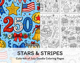 Disegni da colorare per il 4 luglio stampabili, libro da colorare con stelle e strisce per bambini e adulti, download digitale patriottico in PDF.
