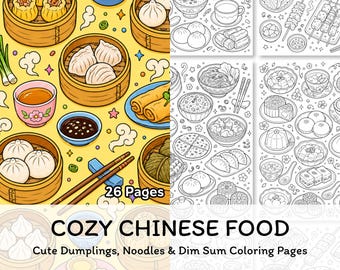 中国料理の塗り絵ページ（印刷可能）、大人向けの居心地の良い餃子と麺の点心塗り絵、かわいい食べ物のPDFデジタルダウンロード