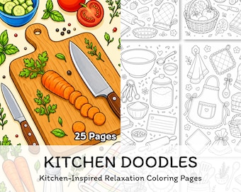 Dibujos para colorear de cocina imprimibles, libro para colorear de cocina acogedora, arte de dibujos para hornear y cocinar, PDF para colorear relajante para adultos