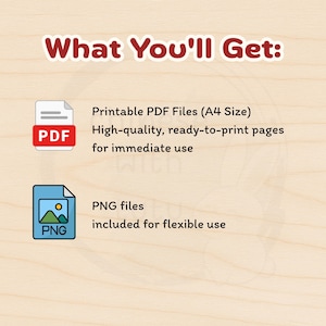 Puede incluir: Un gr&aacute;fico de informaci&oacute;n de archivos digitales con el texto What You'll Get. Muestra un icono PDF rojo y blanco con el texto Printable PDF Files (A4 Size) y un icono PNG azul y blanco con el texto PNG files included for flexible use.
