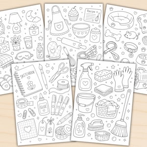 Puede incluir: Cinco hojas para colorear con dibujos lineales en blanco y negro de estilo garabato. Los dise&ntilde;os incluyen art&iacute;culos para el hogar, utensilios de cocina, suministros para mascotas, materiales de manualidades y equipos de limpieza.