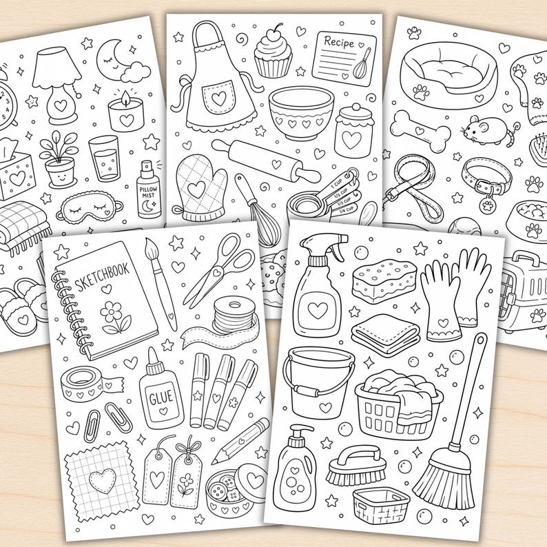 Puede incluir: Cinco hojas para colorear con dibujos lineales en blanco y negro de estilo garabato. Los dise&ntilde;os incluyen art&iacute;culos para el hogar, utensilios de cocina, suministros para mascotas, materiales de manualidades y equipos de limpieza.