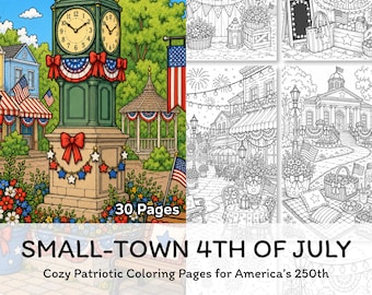 Disegni da colorare per il 4 luglio stampabili, libro da colorare patriottico di una piccola città per adulti, download digitale in PDF per il 250° anniversario dell'America.