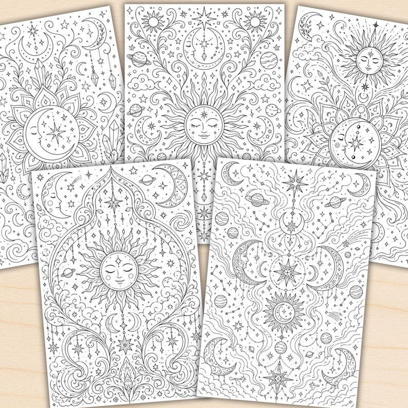 Celestial Mandala Coloring Pages for Adults, Cosmic Moon & Sun ...