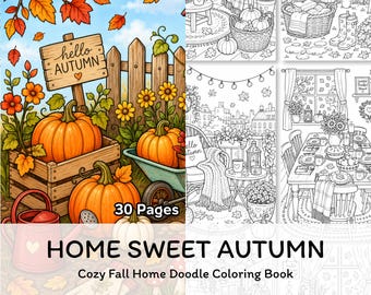 Disegni autunnali da colorare stampabili, accogliente libro da colorare autunnale per adulti, pagine da colorare con zucche per il relax (download digitale).